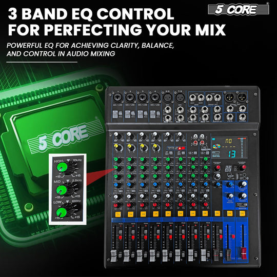 Soundboard with 3-band EQ for precise control over bass, mid, and treble frequencies.