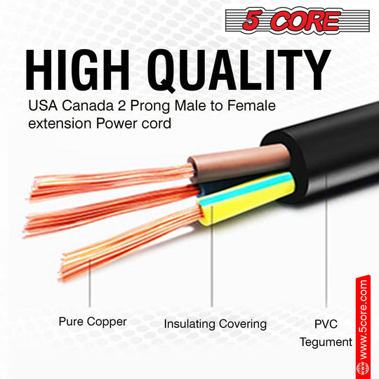 5Core 125V AC Power Extension Cord 15 Ft