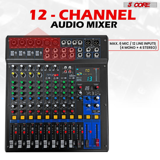 Our 12-channel audio mixer offers superior sound control, enabling seamless blending of multiple inputs