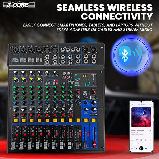 12 channel audio mixer with Bluetooth connectivity allows wireless audio streaming, offering seamless integration and enhanced flexibility