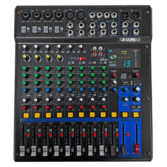 5Core Audio DJ Mixer 12 Channel Sound Board Console w 99 DSP Effect 48V Phantom Power