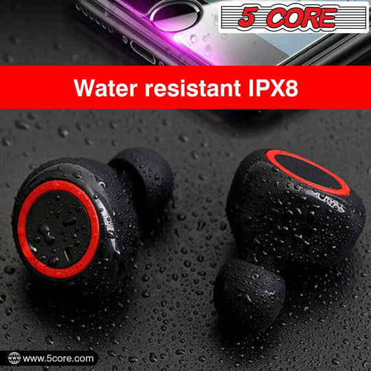 Water-resistant earbuds placed on a wet surface, highlighting durability in moisture-prone conditions.