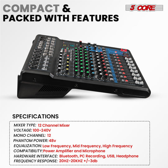 Compact portable mixer with multiple inputs and easy-to-use controls for audio mixing